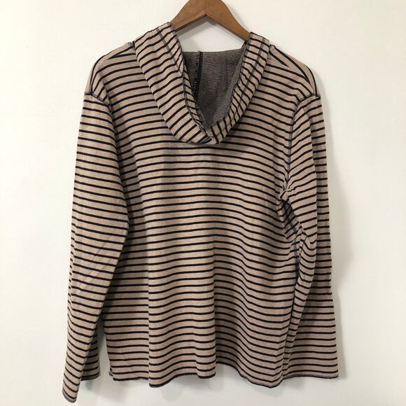 Hot Cotton Striped Hooded Sweatshirt Long Sleeve Soft Neutral Cozy Tan Black L - Picture 3 of 9